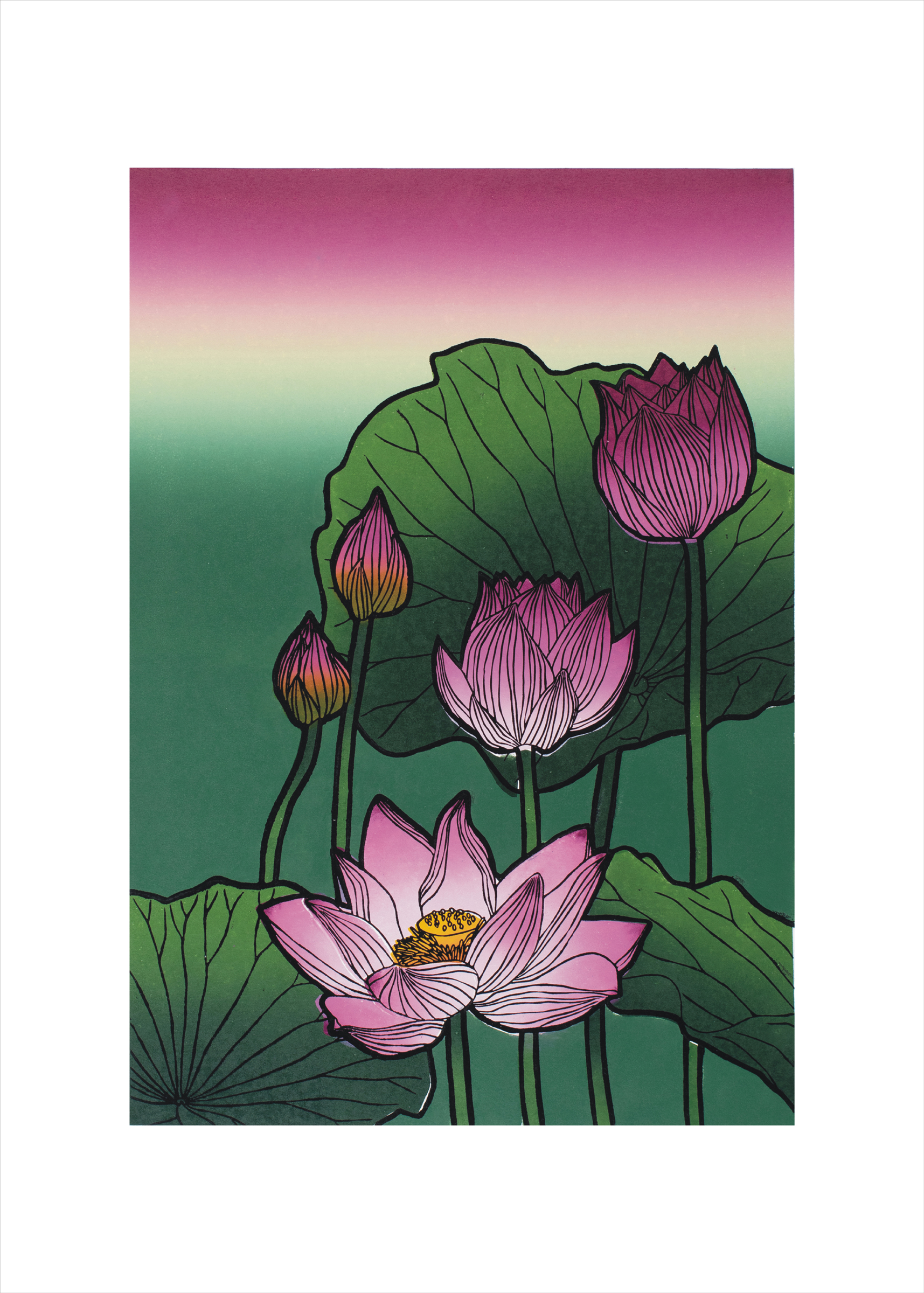 O świcie ani duszy w zasięgu wzroku, kwiaty lotosu, 2021, linoryt