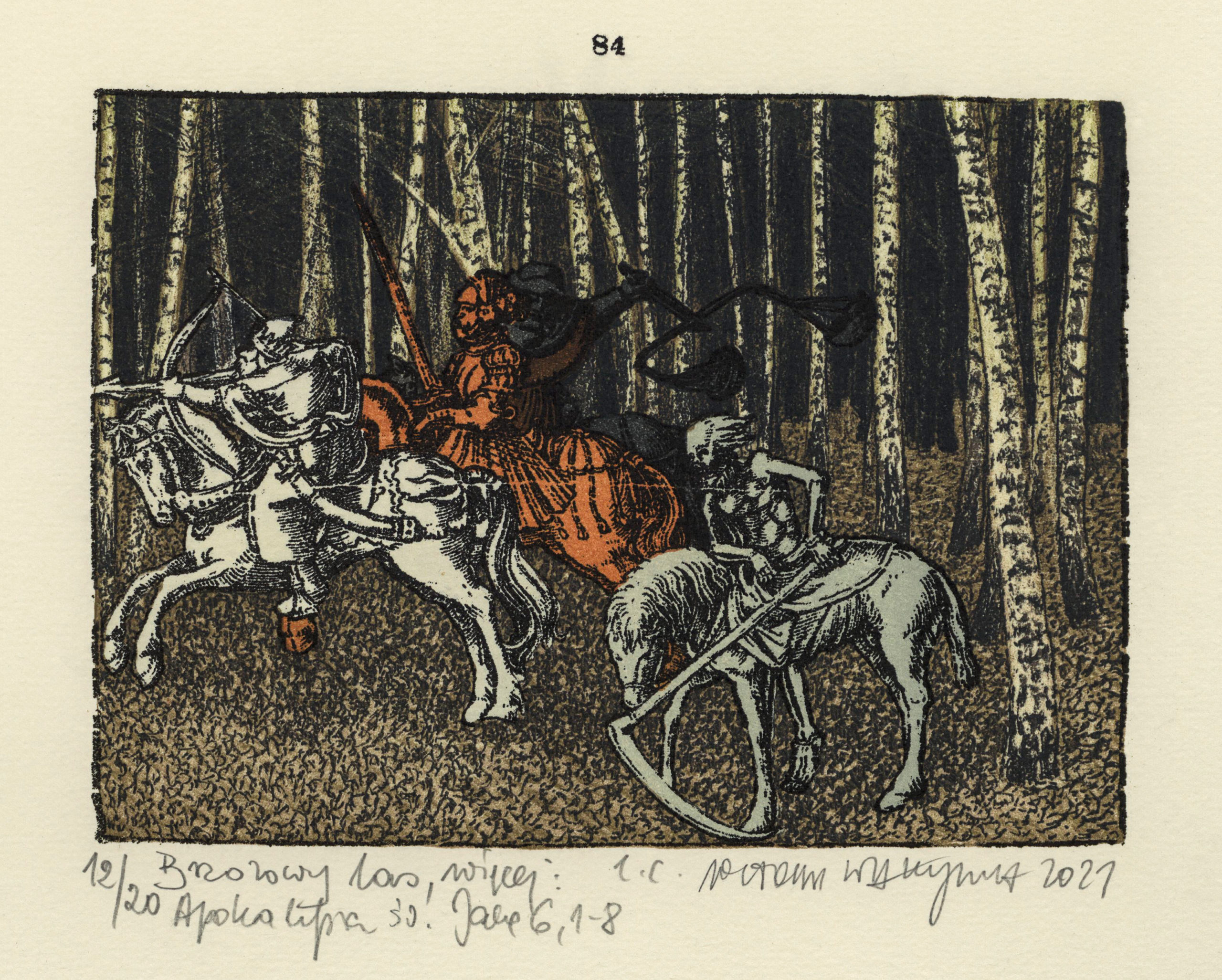 Witold Warzywoda, Brzozowy las, więcej Apokalipsa św Jana, 6,1-8, litografia barwna, 10,7 x 14,8 cm, 2021