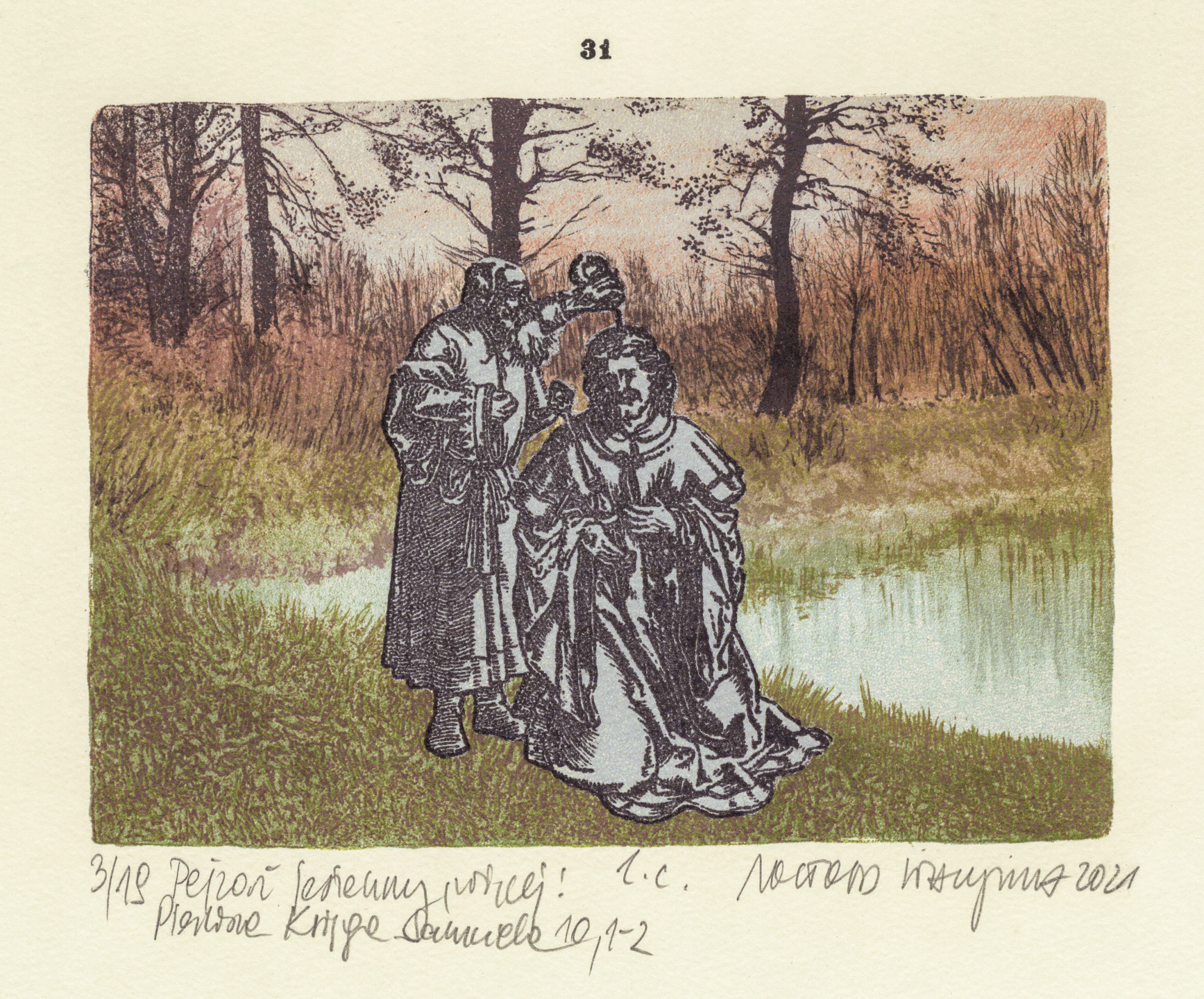 Witold Warzywoda, Pejzaż jesienny, więcej Pierwsza Księga Samuela 10,1-2 litografia barwna, 10,7 x 14,8 cm, 2021