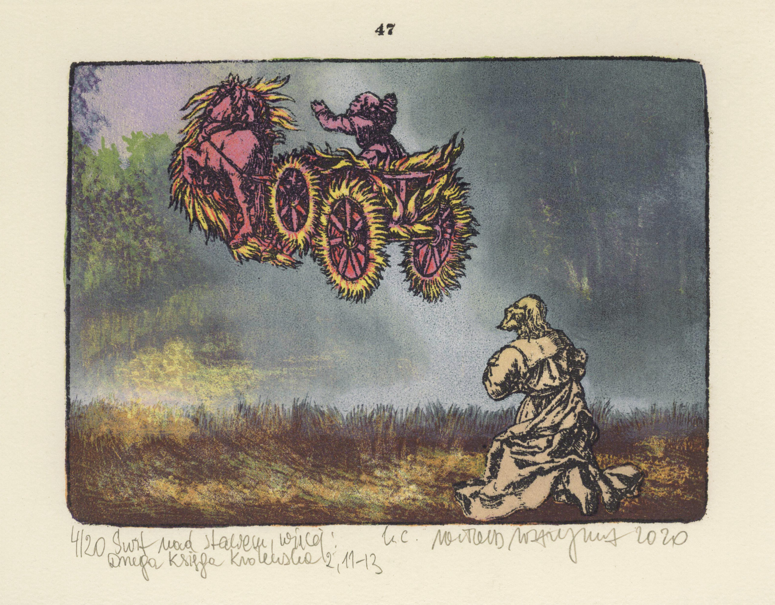 Witold Warzywoda, Świt nad stawem, więcej Druga Księga Królewska 2,11-13, litografia barwna, 10,7 x 14,8 cm, 2020