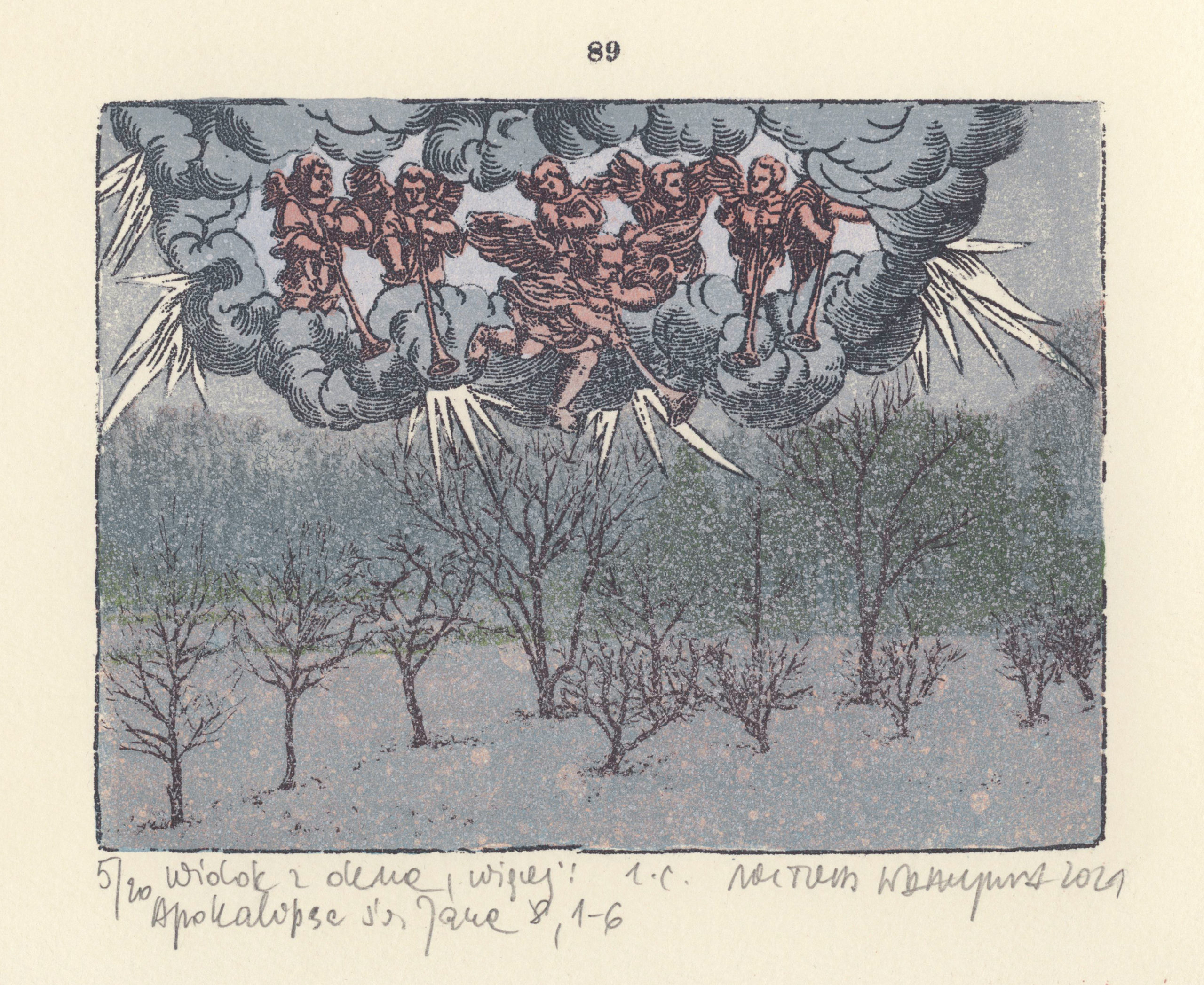 Witold Warzywoda, Widok z okna, więcej Apokalipsa św Jana, 8,1-6, litografia barwna, 11 x 15 cm, 2021