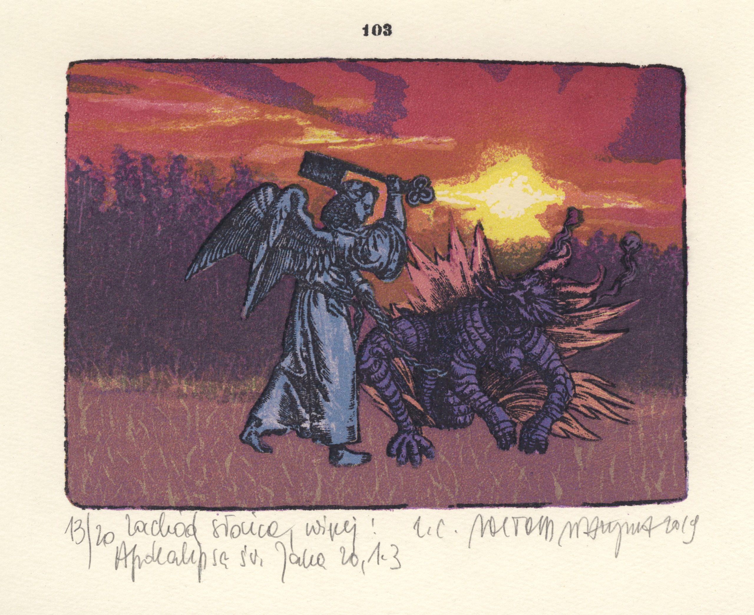 Witold Warzywoda, Zachód słońca, więcej Apokalipsa św Jana, 20,1-3, litografia barwna, 10,6 x 14,8 cm, 2019