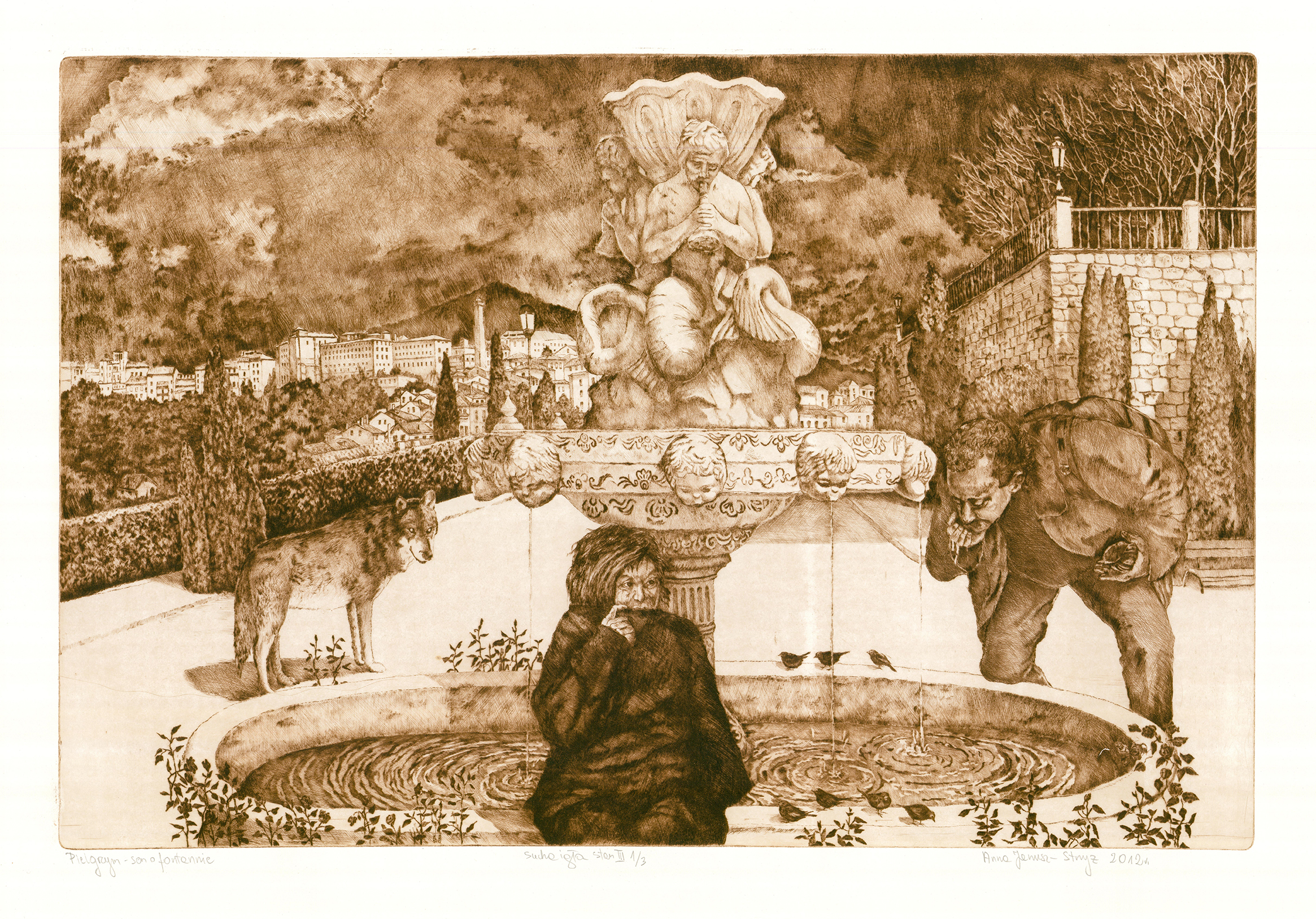 Pielgrzym-sen o fontannie, sucha igła, 50 x 70 cm. 2012