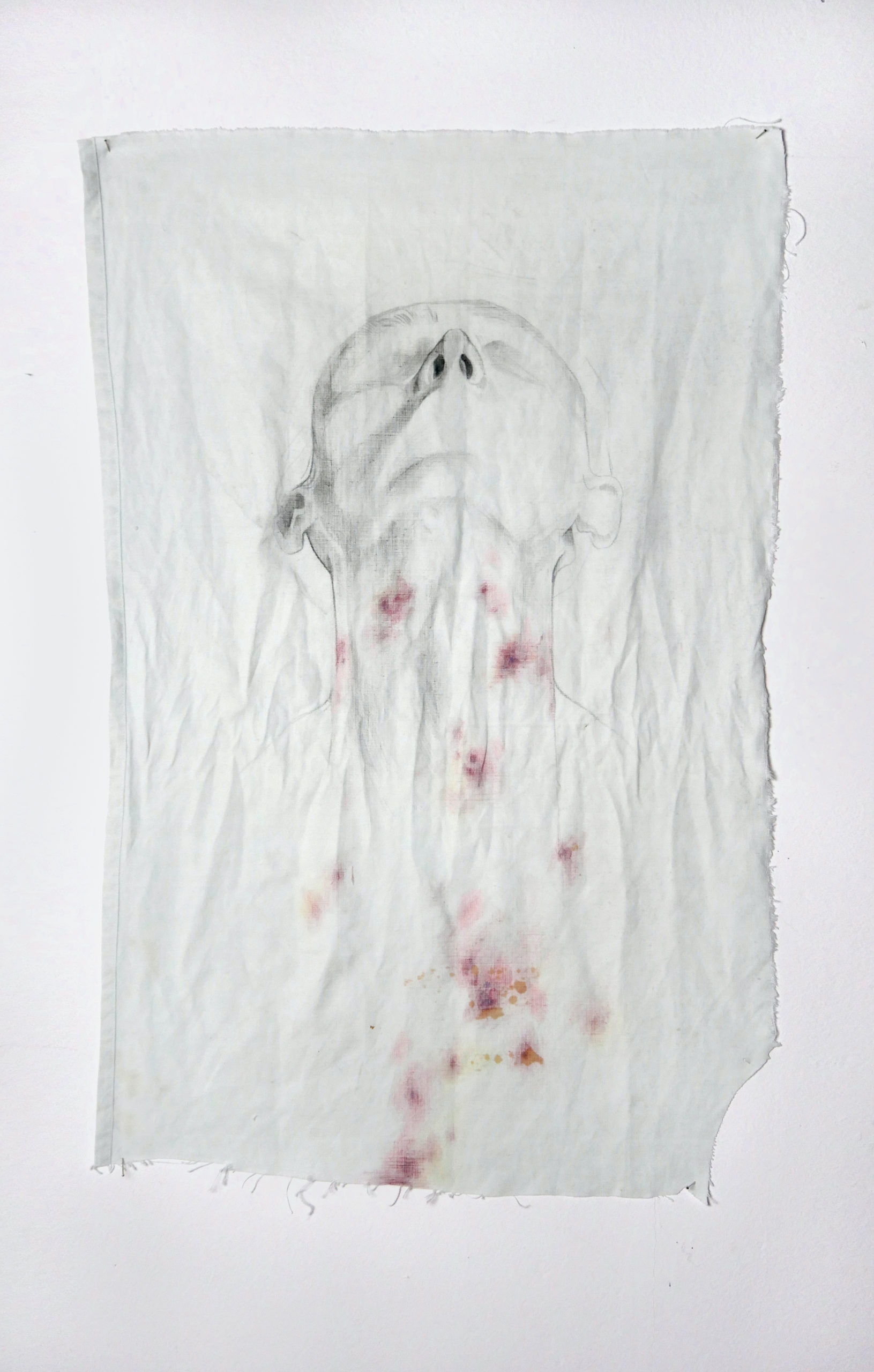 całun VIII, tkanina bawełniana, tusz, ołówek, kredki, 43 x 25 cm