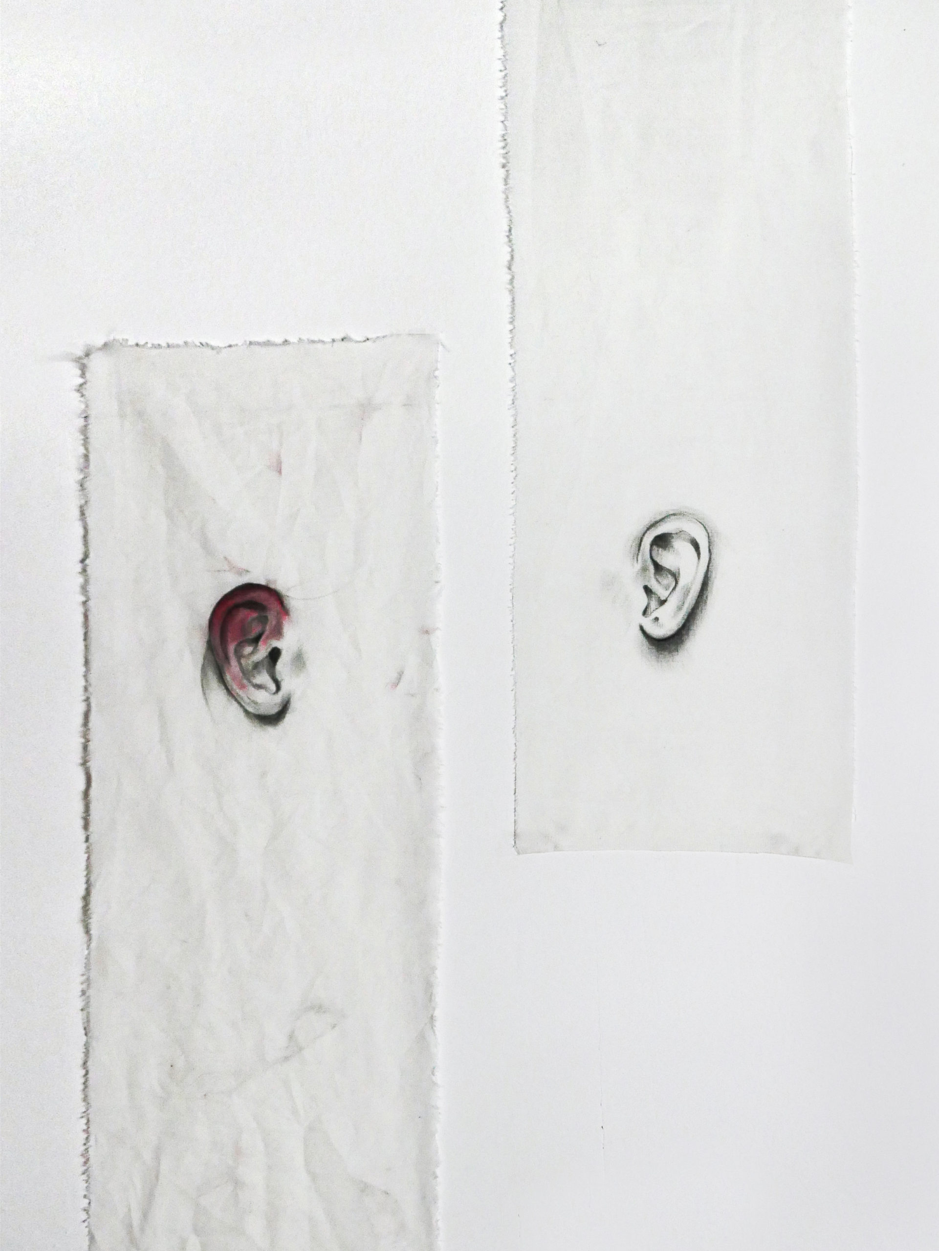 całun VII, tkanina bawełniana, tusz, ołówek, farba akrylowa, 50 x 22 cm (dyptyk)